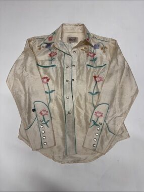 Hand painted silk Ivory Western Shirt pearl snap with Floral Detail green piping